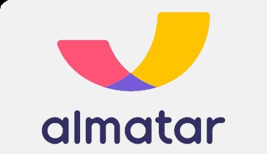The image displays the logo of "almatar" a travel and tourism company. with three colors red yellow and purple forming an abstract shape. Below the symbol, the company name "almatar" is written in a bold lowercase font in dark blue.