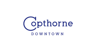 The image shows a logo with the name "Copthorne Downtown " written in blue  letters.The background is white