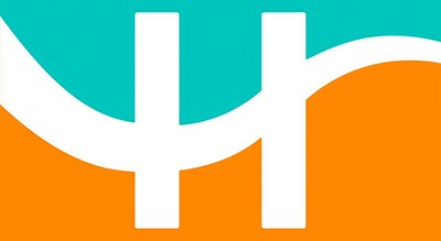 الصورة عبارة عن شعار "H" مكتوبة باللون ابيض  مع خلفيه خضراء وبرتقاليه