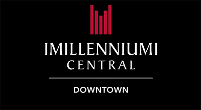 The image shows a logo with the name "Millennium Central  " written in white letters.The background is black