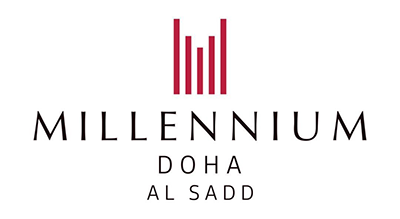 The image shows a logo with the name "Millennium Place Doha   " written in black letters.The background is white