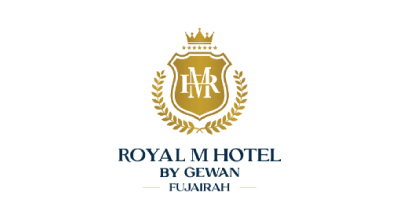 The image shows a logo with the name "Royal M Hotel " written in black  letters.The background is white