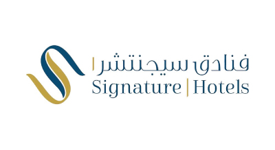 The image shows a logo with the name "Signature 1 Hotel" written in blue  letters.The background is white