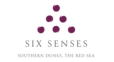 The Red Sea. The logo consists of seven purple dots arranged in a triangular shape, with the brand name "SIX SENSES" written below in uppercase letters. the text "SOUTHERN DUNES, THE RED SEA" appears in a smaller font.